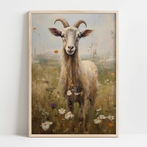 Goat Wall Art Print, Farmhouse Decor with Wildflowers, Rustic Animal Poster, Vintage Farm Printable, Country Cottage Home Decor