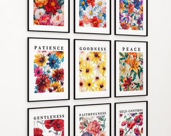 Fruit of the Spirit Wall Art Set, Galatians 5:22-23 Printable, Christian Floral Bible Verse Prints, Spring Faith Decor, Flower Market Style