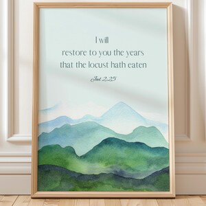 Joel 2:25 Bible Verse Wall Art Watercolor Mountain Scripture Print Modern Christian Decor Nursery Bible Art Inspirational Religious Art