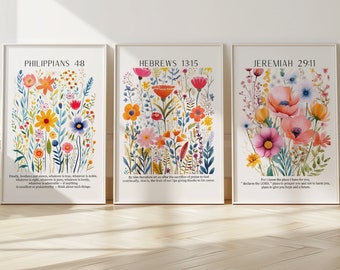 Elegant Floral Bible Verse Wall Art Set of 3 Scripture Quote Poster Boho Flowers Christian Home Decor Daily Bible Verse Gallery Modern Art