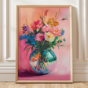 Blumenstrauß Wand Kunst Rosa Maximalist Funky Poster Retro Blumen Druck Digital Download Preppy Bunt Wohnkultur Vintage Ästhetik