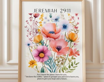 Jeremiah 29:11 Floral Bible Verse Wall Art Wildflower Scripture Print Modern Christian Decor Minimalist Faith Poster Spring Artwork