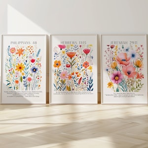 Elegante juego de 3 carteles con citas bíblicas con motivos florales, decoración cristiana para el hogar, galería de versículos bíblicos diarios, arte moderno