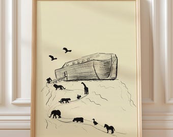 Impression d'art de la Bible de l'arche de Noé, décoration moderne chrétienne neutre moderne pour chambre d'enfants, art mural pour enfants, affiche des Écritures animales, oeuvre d'art confessionnelle minimale