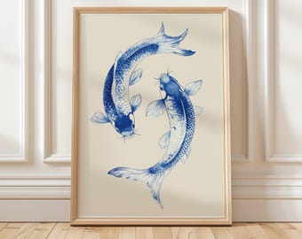 Arte de parede de peixe koi azul, impressão estética japonesa, arte vintage de peixe, download digital, decoração moderna para casa, ideia de presente de decoração japonesa