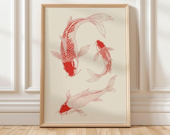 Arte de parede de peixe koi, impressão estética japonesa, arte vintage de peixe, download digital, decoração moderna para casa, ideia de presente japonesa