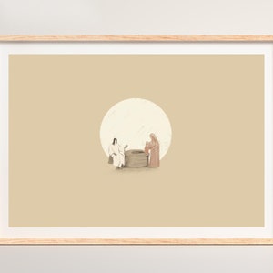 Soulvolle sereniteit: Vrouw bij de bron, Jezus geneest Samaritaanse vrouw, John 4 - Modern Christian Art Collection, Bible Wall Art Horizontaal