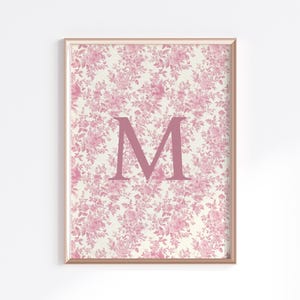 Personalized French Toile Nursery Art Print Custom Initial Baby Girl Decor Elegant Chinoiserie Wall Art, Dusty Rose Vintage Baby Room Poster