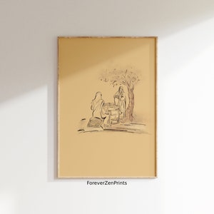 Digitale bijbelmuurkunst Vrouw bij de bron | Christelijke print | Schets samaritaanse vrouw
