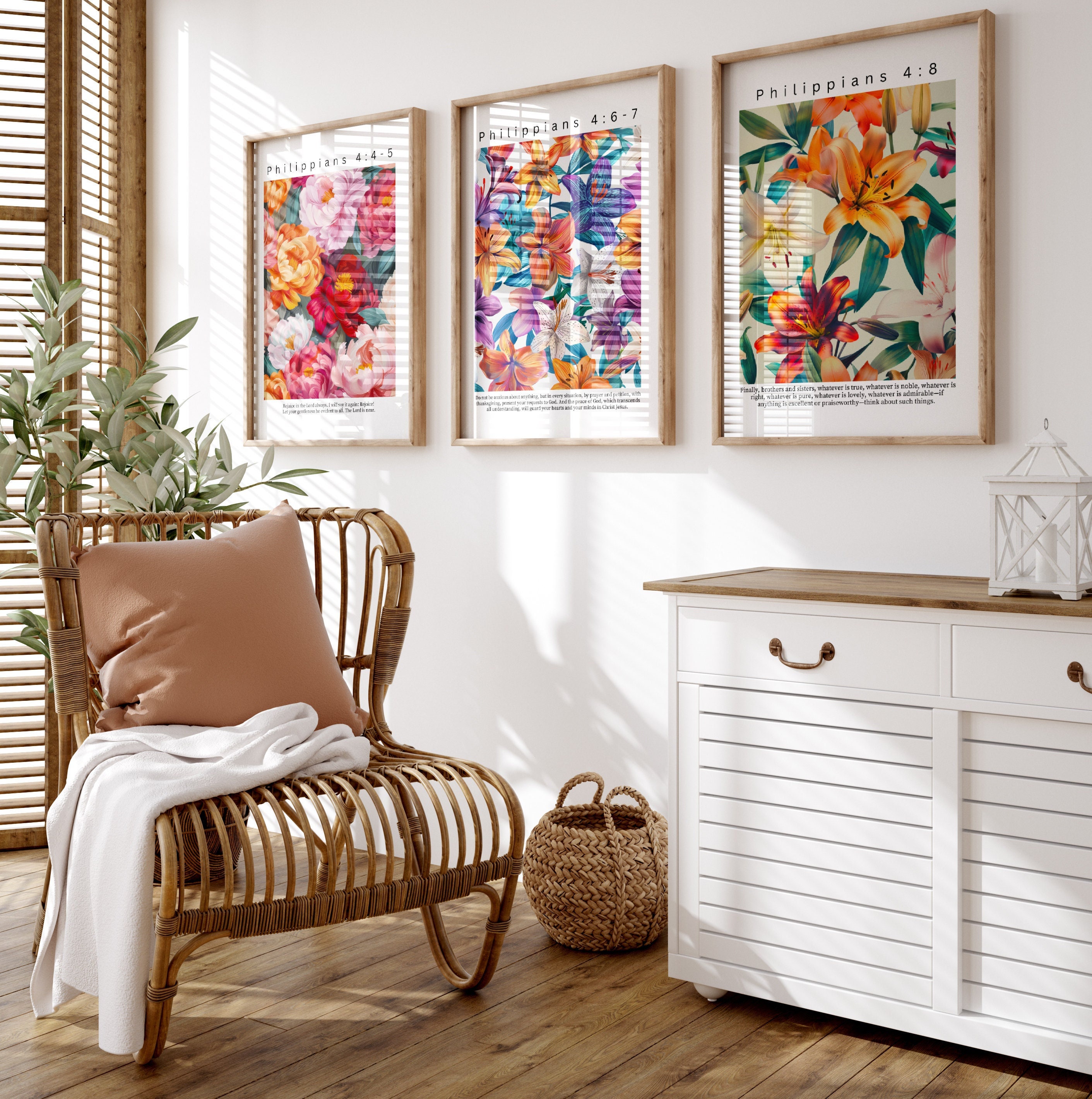 Colorful Flowers Christian Wall Art Set of 3, Floral Scriptural Bible ...