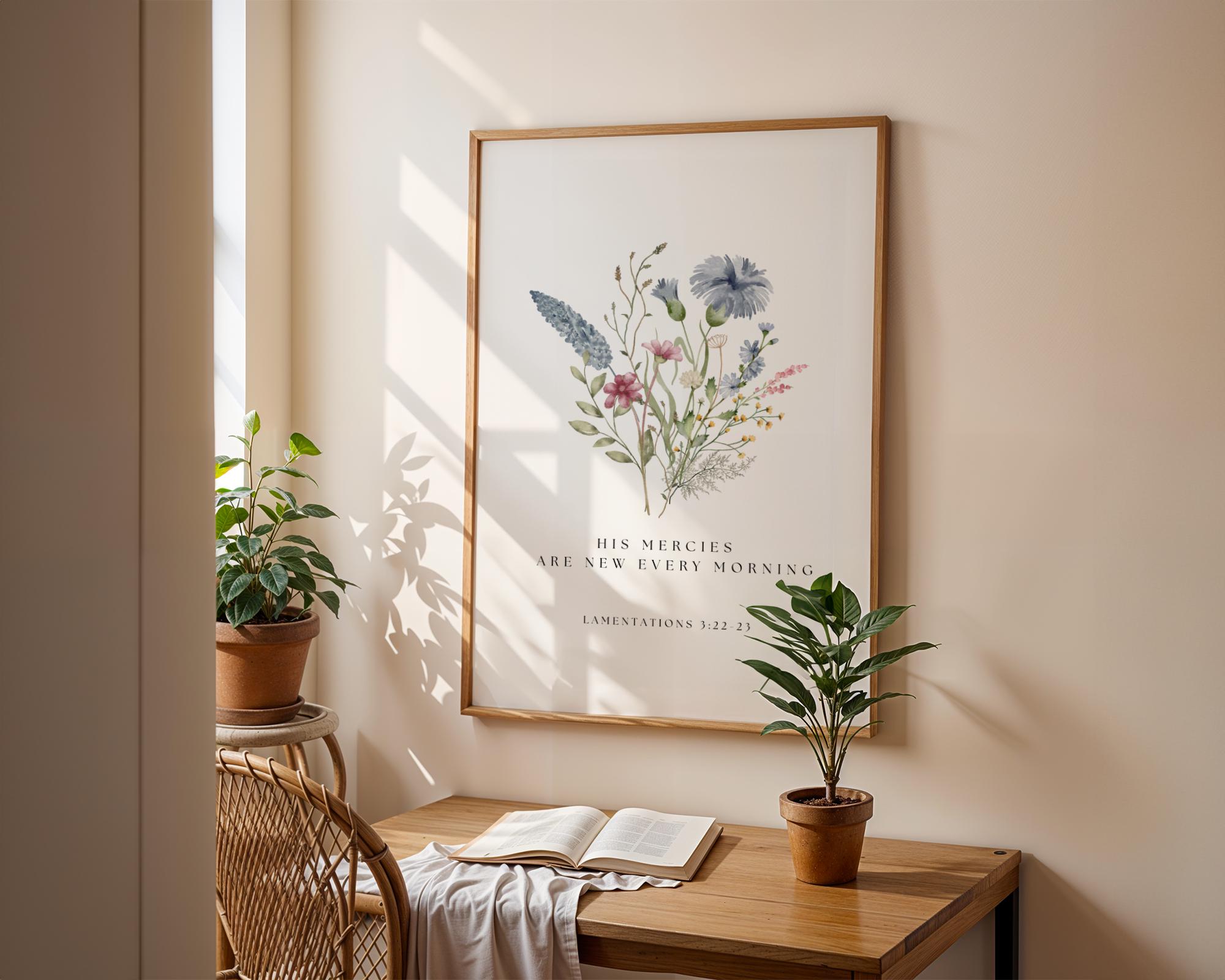 Lamentations 3:22 23 Floral Bible Verse Wall Art, Minimal Scripture ...