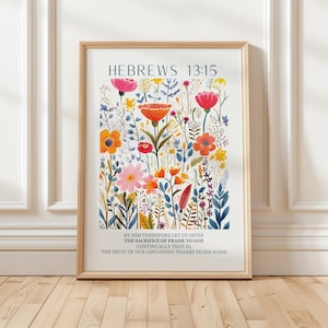 Hebrews 13:15 Wall Art Printable, Floral Bible Verse Print, Botanical Scripture Decor, Christian Home Poster, Inspirational Faith Artwork