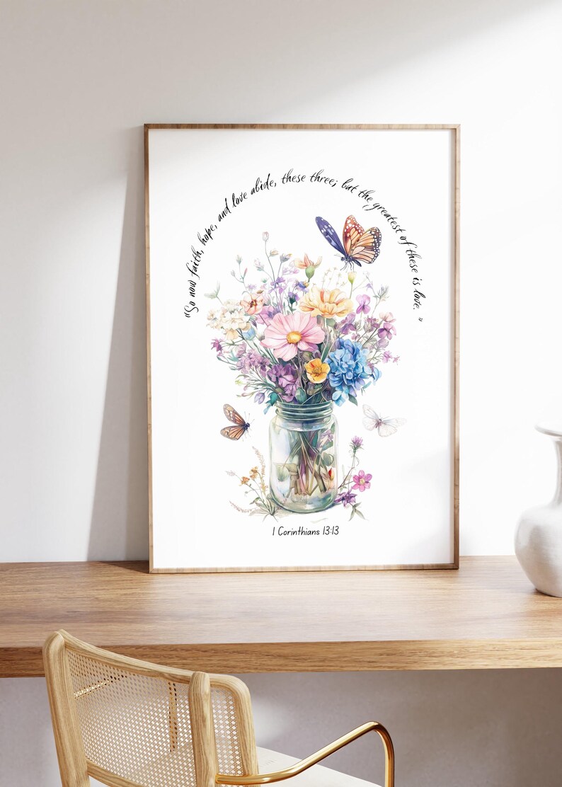 Birth Flower Family Bible Verse Wall Art, 1 Corinthians 13:13 Scripture ...