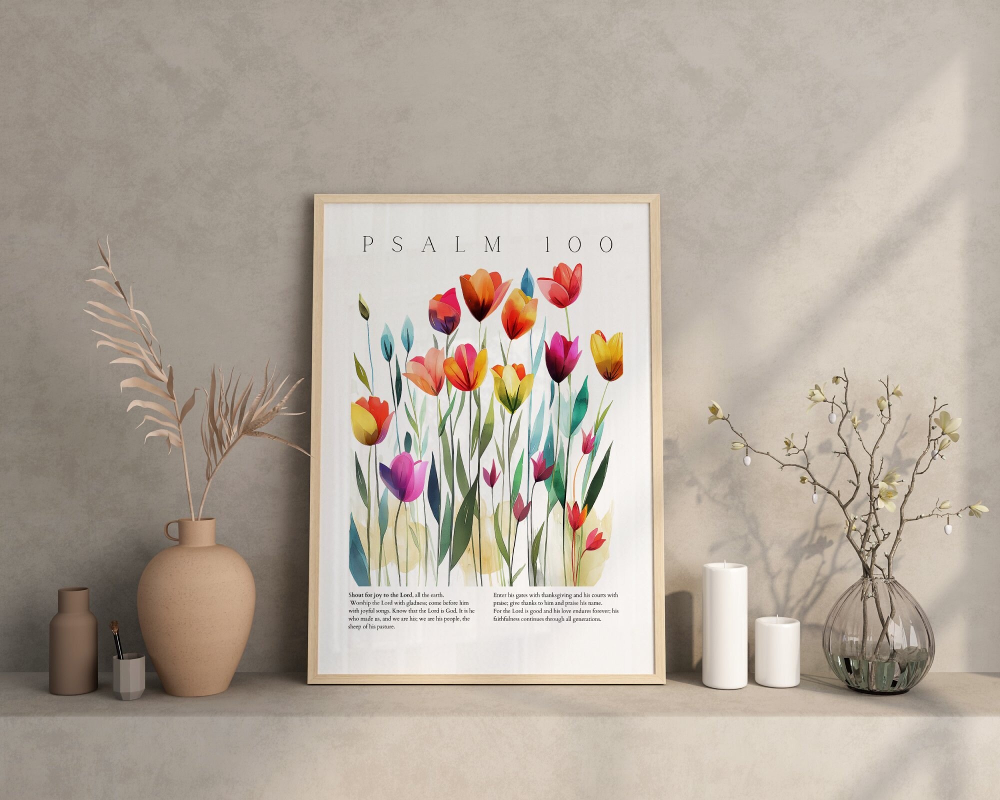 Psalm 100 Bible Verse Wall Art, Spring Floral Print, Christian Modern ...