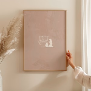 Mujer en el cartel bíblico digital del pozo, arte samaritano, cartel rosa suave, bocetos bíblicos, decoración religiosa del hogar, arte moderno cristiano