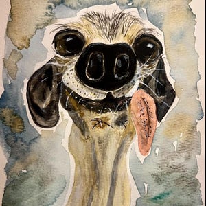 Watercolor print of Comical Dog with long tongue