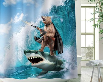 Cool Cat Riding Shark Whale Bath Curtain Funny Pirate Cat Shower Curtains 