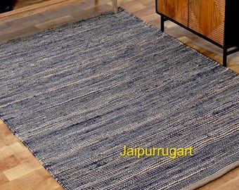 Handgemaakt vloerkleed van hennep en jute – Geometrische boho-boerderijstijl, 1,8 x 2,4 x 3 meter, blauw en naturel hennep, handgeweven vloerkleed van jute en hennep, natuurlijke vezels