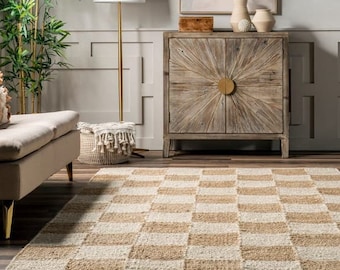 Natural with white box hemp jute rugs-large area hemp jute rugs Boho Natural Jute Rug, Stripe Area Rug, Bohemian Rug, Custom Size Rug,