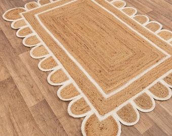 Alfombra de yute natural con borde festoneado, alfombra con diseño festoneado, alfombra de yute natural, alfombra trenzada a mano, alfombra de área, alfombra de yute tejida a mano, alfombra personalizada, alfombra decorativa
