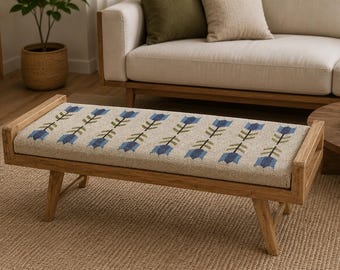 Banco Kilim feito à mão, sofá rústico de madeira estofado, banco geométrico para hall de entrada no estilo sudoeste, banqueta para quarto com detalhes astecas, móveis de luxo boho