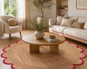 Scalloped Round Rug, Handmade Jute Braided, Rustic Home Decor, Reversible Natural Fiber Farmhouse Area Rug, Minimal Circular Decor rug