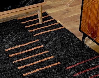 Handgewebter Juteteppich: Schwarzer Boho-Dekor, marokkanischer nordischer Stil, Boho-Teppich, Wohnzimmerteppich, Schlafzimmerteppich, Rustikaler, neutraler, umweltfreundlicher Teppich