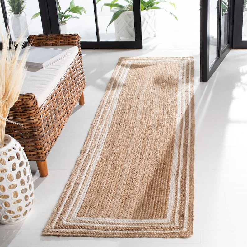 White bordered jute rug Handmade Natural jute Rug, Square Carpet, Rectangle Rug, jute area rug, Braided carpet,Bohemian rug ,jute Runner rug