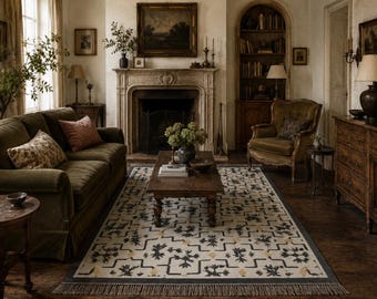 Handwoven Wool Jute Kilim Rug, 6x9 8x10 Ft Geometric Boho Area Rug, Handmade Flatweave Dhurrie Rug, Natural Fiber Living Room Bedroom Rug