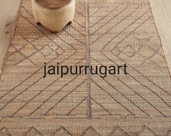 Handmade Cotton Jute Rug, Rustic Large Area Rug, Modern Style Jute Rug, Jute Kilim Rug, Floral Pattern Rugs, Custom Size Rug, 8x10 Jute Rug