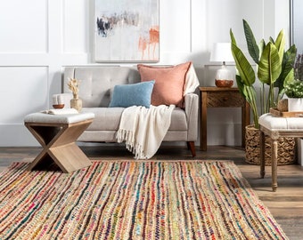 Hand Braided Cotton Jute Chindi Runner Rug, Multicolor Traditional Hallway Carpet