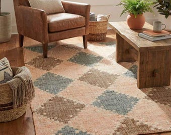 Handwoven Jute Cotton Dhurrie Rug – Geometric Natural Fiber Accent Home Decor,Handwoven Jute Rug 8x10, Reversible Cotton Carpet
