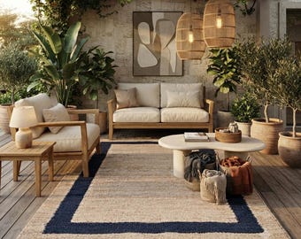 8x10,9 x 12 FT blauwe en natuurlijke hennep jute vloerkleden - Extra grote jute vloerkleden, dambord jute vloerkleed, groot vloerkleed van hennep voor de hal.