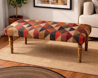 Wool Jute Rug Bench, Upholstered Bench, Handmade Furniture, Footstool Bench, Kilim Rug Bench, Ottoman Bench, Aztec Bench, Panio Bench