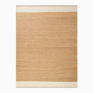 May include: A rectangular area rug featuring a large central section of woven tan natural fiber. The rug is bordered on the top and bottom edges by wide, solid off-white bands that run horizontally across the entire width of the piece.