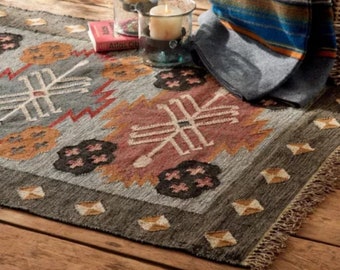 Indian Kilim rug, Handwoven Wool Jute kilim Rug, Bohemain indian Jute Rug, Southwestern Nordic Kilim Rug, Rustic Jute Rug, Custom Size Rug