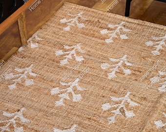 Natural Jute Ivory Flower Pattern High Quality Hand Woven Boho Style Rug, Moroccan Nordic Rug Bohemian Décor Rug, Eco-Friendly Cotton Rug