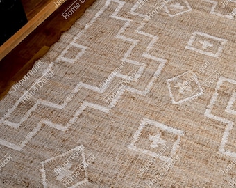 Geometric Jute Rug: Handmade Farmhouse Kilim Jute Rug, Neutral Scandi Kilim, Moroccan Jute Area Rug, Natural Fiber Rug, Living Room Area Rug