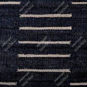 May include: A dark navy blue textile fabric featuring a repeating pattern of horizontal, light beige, textured stripes. The weave of the fabric is visible, showing a coarse, dense, and uniform construction throughout the entire surface area.