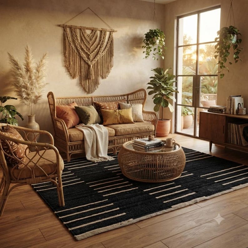 May include: A living room featuring a rattan sofa and armchair with tan cushions, a round rattan coffee table with a glass top, and a black area rug with white horizontal stripes. A large macrame wall hanging is displayed above the sofa.