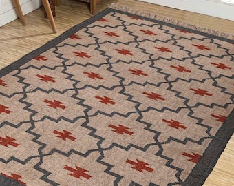 Kilim Rug, Handwoven, Wool and Jute Rug Handmade, Kilim Dhurrie Rug, Traditional Indian jute Area rug