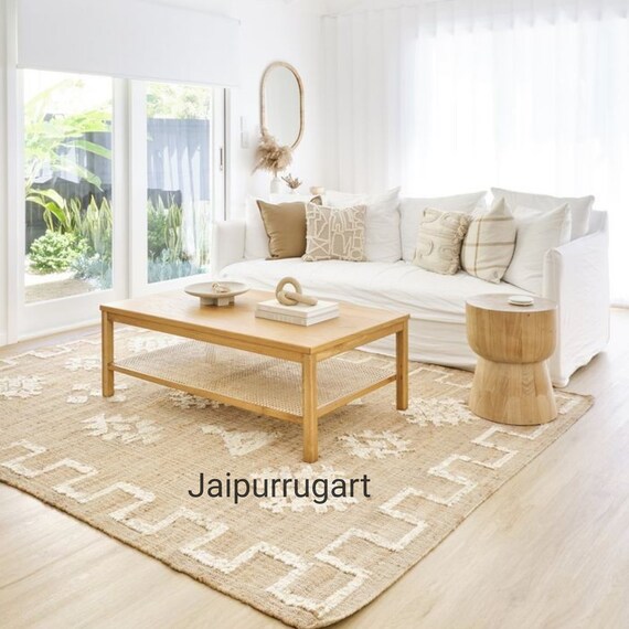 Natural Jute Ivory Flower Pattern High Quality Hand Woven Boho Style Rug, Moroccan Nordic Rug Bohemian Décor Rug, Eco-Friendly Cotton Rug
