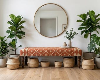 Handmade Kilim Bench,Rustic Wooden upholstered Settee southwestern Geometric Entryway Bench,Aztec Accent Bedroom Stool,Boho Luxury Furniture