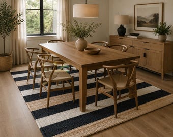 Handmade Hemp Jute Area Rug – Natural Woven Rug, Black Cross Pattern, Boho Farmhouse Living Room Carpet, Rustic Bedroom Floor Rug