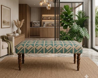 Kilim Bench,Rustic Wooden upholstered Settee southwestern Geometric Entryway Bench,Aztec Accent Bedroom Stool,Boho Luxury Furniture