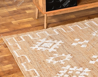 Natural Jute Ivory Flower Pattern High Quality Hand Woven Boho Style Rug, Moroccan Nordic Rug Bohemian Décor Rug, Eco-Friendly Cotton Rug