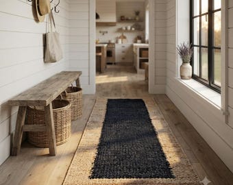 Handmade Jute Runner Rug, Diamond Pattern Boho Hallway Runner, Natural Fiber Living Room Carpet, Geometric Aesthetic Area Rug for Entryway