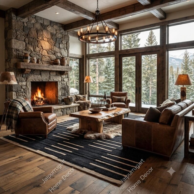 May include: A living room featuring a stone fireplace, a wooden coffee table, and brown leather furniture. A black and white patterned rug covers the wooden floor. A large chandelier hangs from the ceiling, and windows reveal a forest view.