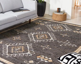 Handwoven Natural Geometrical Jute Rug | Neutral, Cream and Black Flat Weave Dhurrie | Modern Farmhouse Eco-Friendly Area Carpet