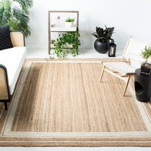 White bordered jute rug Handmade Natural jute Rug, Square Carpet, Rectangle Rug, jute area rug, Braided carpet,Bohemian rug ,jute Runner rug